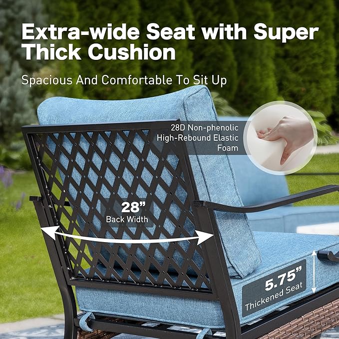 4 Piece Black Metal Outdoor Patio Furniture Sets with Firepit Table, Patio Conversation Sets 1 3-Seater Sofa, 2 Swivel Sofa with 5.75" Thick Cushion Backyard Furniture for Deck, Navy