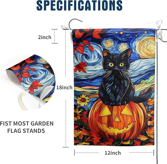 Stained Glass Black Cat Fall Garden Flag Halloween Pumpkin Yard Signs Autumn Sunflower Blue Sky Thanksgiving Banner for Outside 12x18 Double Sided Small Outdoor Decorative