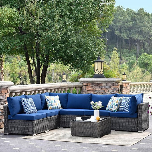HOOOWOOO 7 Piece Patio Sectional Furniture Set,Modern Wicker Outdoor Conversation Sofa Sets,Weather Resistant Modular L Shaped Outside Couch Table Set(Navy Blue)