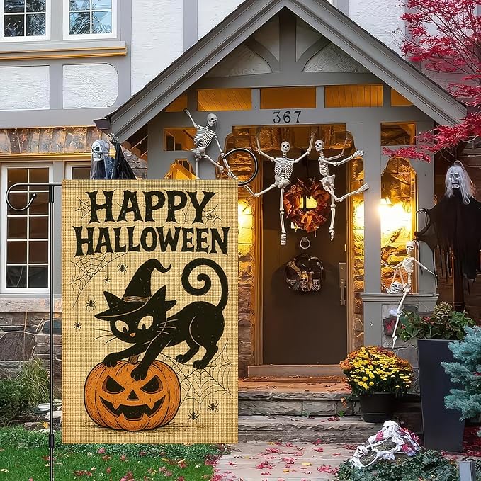 Happy Halloween Garden Flag 12x18 Inch Double-Sided Black Cat Flags Pumpkin Spider Web Design Fall Outdoor Decoration Polyester Yard Banner for Porch or Lawn