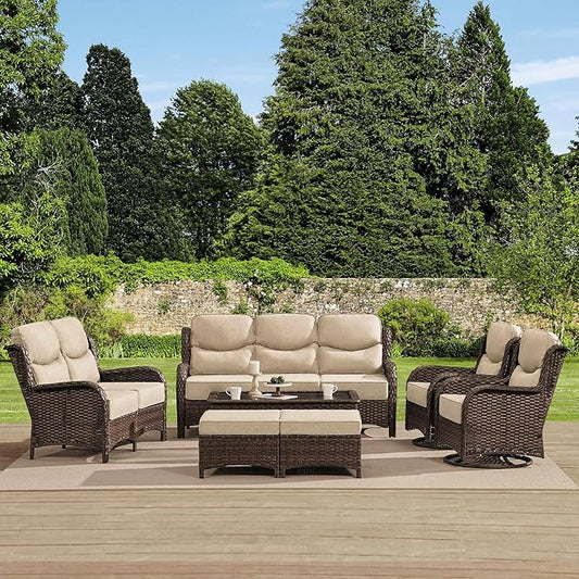 HILLGA Luxury High Back Patio Furniture Set with 6-Inch Thick Cushion, 7-Piece Outdoor Conversation Set with Sofa, Swivel Rocker Chairs & Ottomans, Ideal for Porch Pool Deck Yard (Beige)