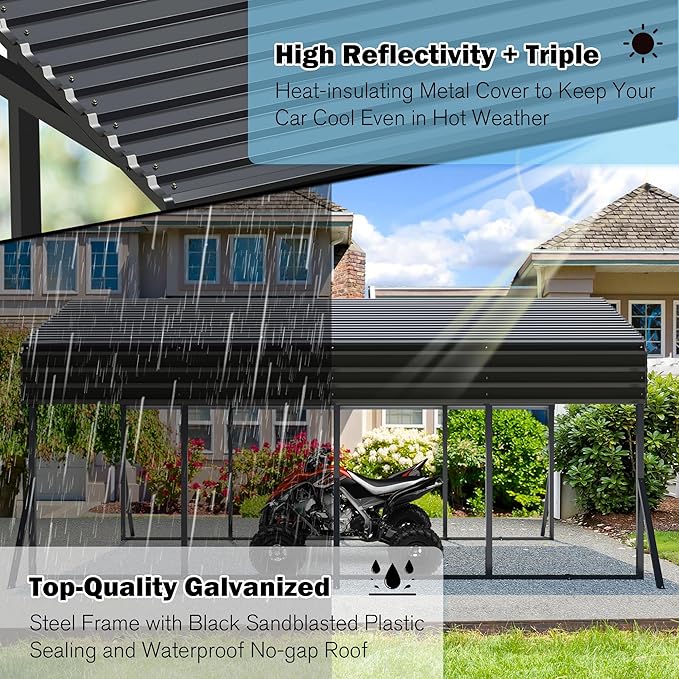 Carport Canopy 12’X20’ Heavy Duty Car Port Galvanized Steel Roof, Reinforced Stable Triangle Frame for Snowy Windy Metal Carports Enhanced Base Car Tent for Car,RV,Pickup,Boat,Truck,Tractor