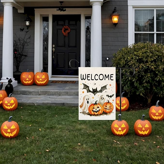 Welcome Halloween Garden Flag for Outside, 12x18 Inch Double Sided Halloween Pumpkin Ghost Bats Yard Flag, Farmhouse Small Yard Flags for Outdoor Decorations, Holiday Decor Gifts-A01