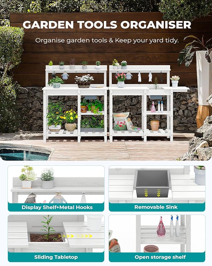 SERWALL Potting Table Set of 2 for Outside All Weather Use- White