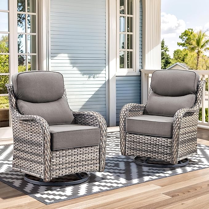 Luxury High Back Outdoor Swivel Rocker Patio Chairs with Side Table & 6-Inch Thick Cushions, 2 Pieces Patio Furniture Set for Porch, Balcony, Deck and Yard