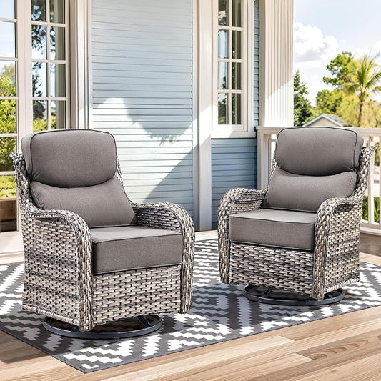 Luxury High Back Outdoor Swivel Rocker Patio Chairs with Side Table & 6-Inch Thick Cushions, 2 Pieces Patio Furniture Set for Porch, Balcony, Deck and Yard