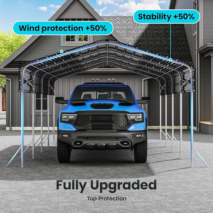 12x20' Heavy Duty Metal Carport – Sturdy Structure, All-Weather Protection, Easy Assembly for Cars, Trucks, Boats, Tractors, and Outdoor Storage (Grey, 12x20FT)