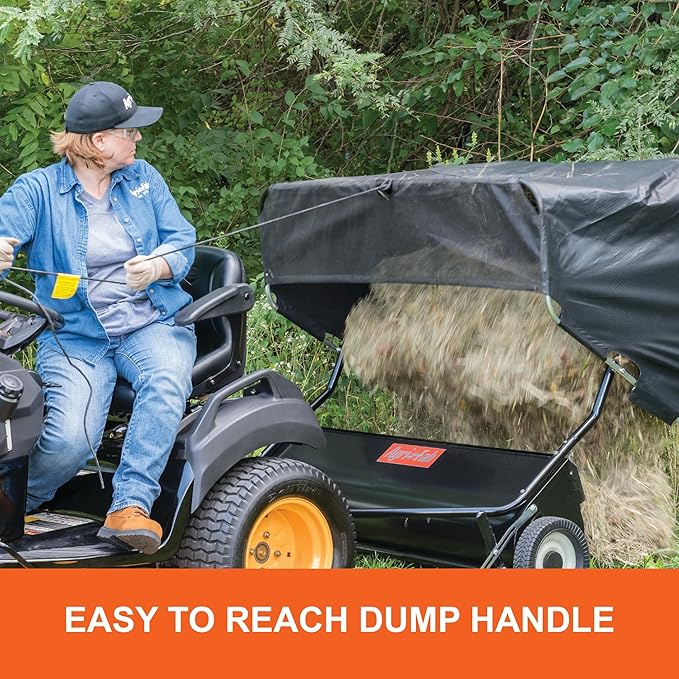 Agri-Fab 45-0546 52" Tow-Behind Lawn Sweeper, 26 cu. ft Hopper Bag Capacity; Leaf & Grass Catcher, with Adjustable Brush Height and Dump From Seat Handle