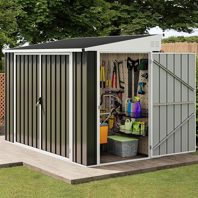 DWVO 8x4 FT Outdoor Weatherproof Storage Shed, Secure Metal Bike Shed w/Lockable Entry, Garden Storage Solution for Lawn Equipment, Tools, Waste Bin, Dark Gray