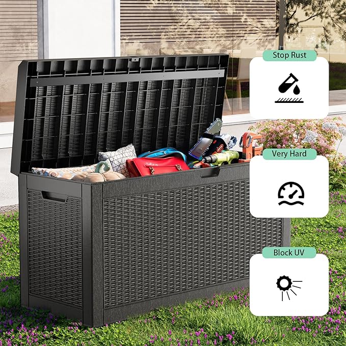 ROJIK Outdoor Storage Housing Deck Box,Waterproof Patio Furniture, Garden Tools, Cushions, Pool Accessories Storage Bench with Lockable Lid and Side Handles (Black,60 Gallon)