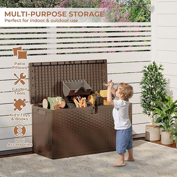 73Gallon Brown Resin Deck Box, Outdoor Storage Box Waterproof Lockable, Patio Deck Box For Package Delivery, Outside Storage Box Container for Furniture Cushions, Garden Tools, Pool Accessories