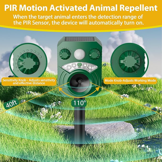 1 Pack Solar Deer Cat Repellent Device Outdoor Bird Squirrel Deterrent with Motion Activated Sensor Ultrasonic Flashing Light to Scare Rats Chipmunk Raccoon Away from Yard Lawn - Waterproof