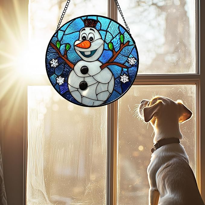 Stained Glass Window Hanging Christmas Funny Snowman 15" - Suncatcher Door Garden Blue White Snowflakes Sun Catcher New Year Birthday for Friend Mom Men Woman Nana