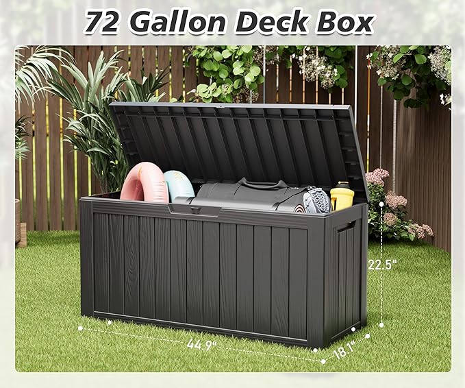 NUNU LAB 75 Gallon Outdoor Storage Box,Deck Box Resin Large Sturdy, Backyard Outside Storage Box Waterproof with Double Wall Panels,Package Delivery Box,Garden Outdoor Hose Storage Bin