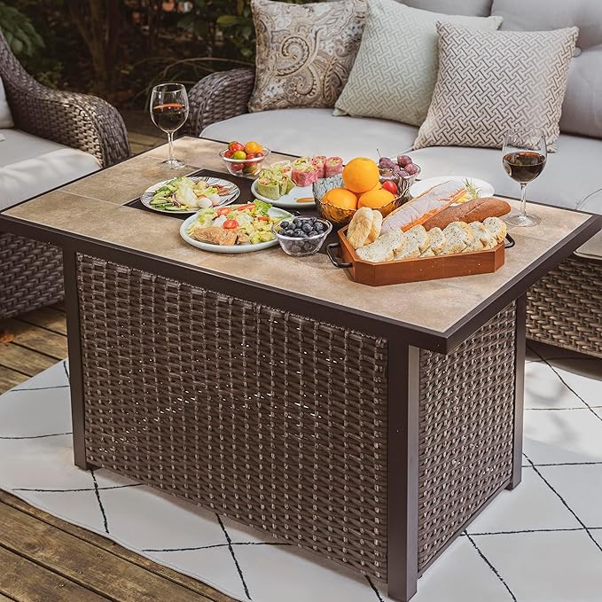 Nuu Garden Outdoor 43" 50,000 BTU Propane Gas Fire Pit Table, Ceramic Tabletop and Rattan Weaved Iron Frame, Water-Proof Oxford Cover, Glass Wind Guard, Glass Beads, Lid Included, Dark Brown & Coffee