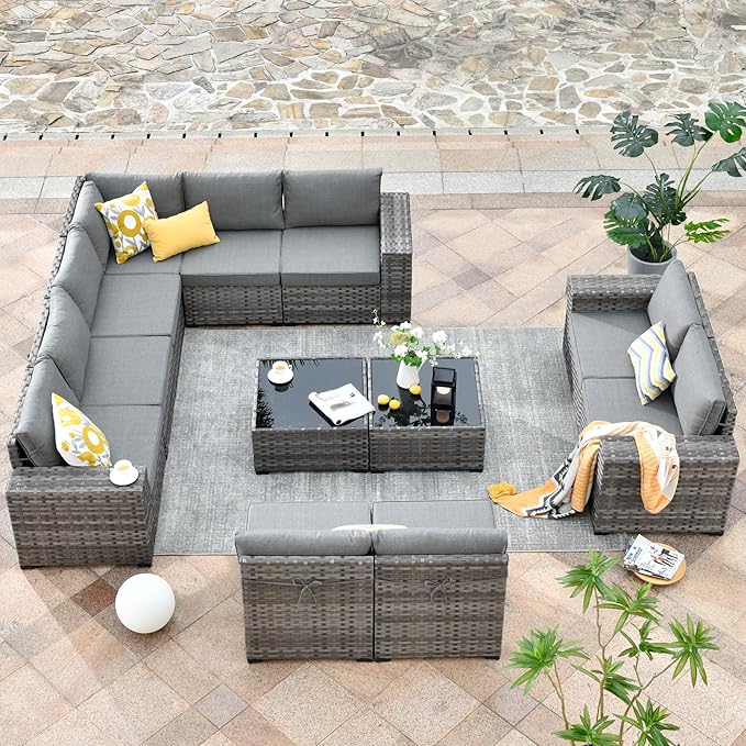HOOOWOOO 12 Piece Modular Patio Outdoor Sectional Furniture Sofa Set,Wicker Conversation Set,Out Door Couch Set with Wide Arm for Outside All Weather(Dark Grey)
