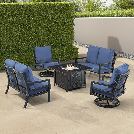Oakland Living Black Aluminum Patio Fire Table Set with Two Deep Seating Loveseat with Cushions and Two Club Chairs with Blue Cushions
