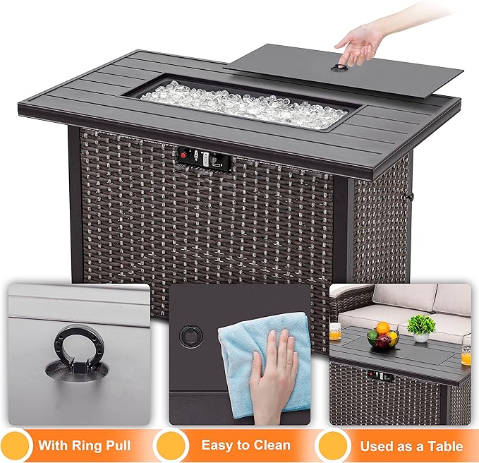 Nuu Garden Outdoor 43 Inch 50,000 BTU Propane Gas Fire Pit Table, Aluminum Tabletop and PE Rattan Weaved Steel Frame, Water-Proof Oxford Cover, Glass Beads, Lid, Dark Brown