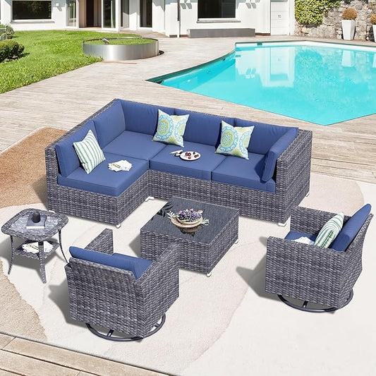 HOOOWOOO 8 Piece Patio Sectional Furniture Set with Swivel Rocking Chairs,Modern Wicker Outdoor Conversation Sofa Sets,Weather Resistant Modular L Shaped Outside Couch Set(Denime Blue)