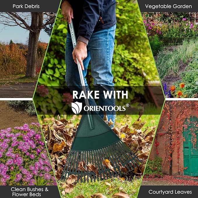 ORIENTOOLS Garden Leaf Rake, Garden Rakes for Lawns Leaves with 65.7" Foldable Handle Rake, 26 Strong Tines Plastic Head Shrub Rake, Yard Garden Rake for Lawns, Grass, Flower Beds Leaves Cleaning