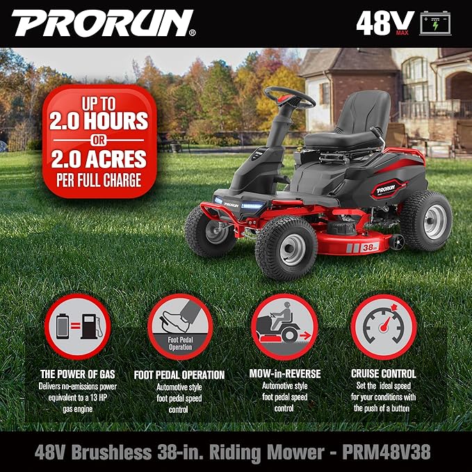 48V 38-in. Steel Deck Brushless Riding Lawn Mower with 75 Ah Battery and Charger