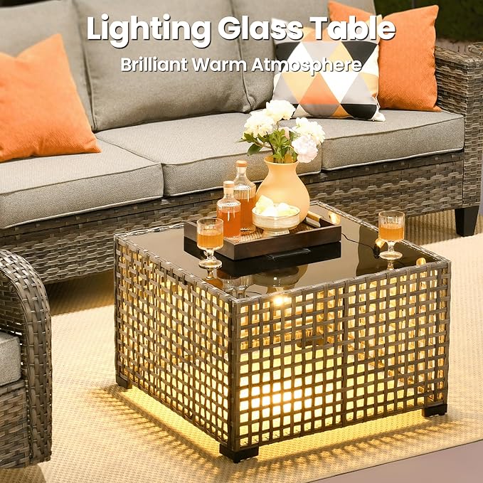 ovios 10 Pieces Patio Furniture Set, Outdoor Wicker Sofa Couch with Rocking Swivel Chairs Solar Lights Table Fire Pit, Modern Deep Seat Rattan Conversation Sets, Dark Grey