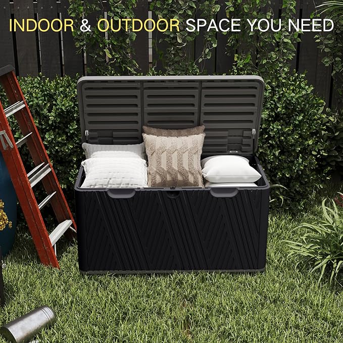 Kingdura 110 Gallon Outdoor Storage Box, Waterproof Resin Deck Box for Indoor and Outdoor Use, Lockable Storage Container for Patio Furniture Cushions Garden Tools (Black, 110 Gallon)