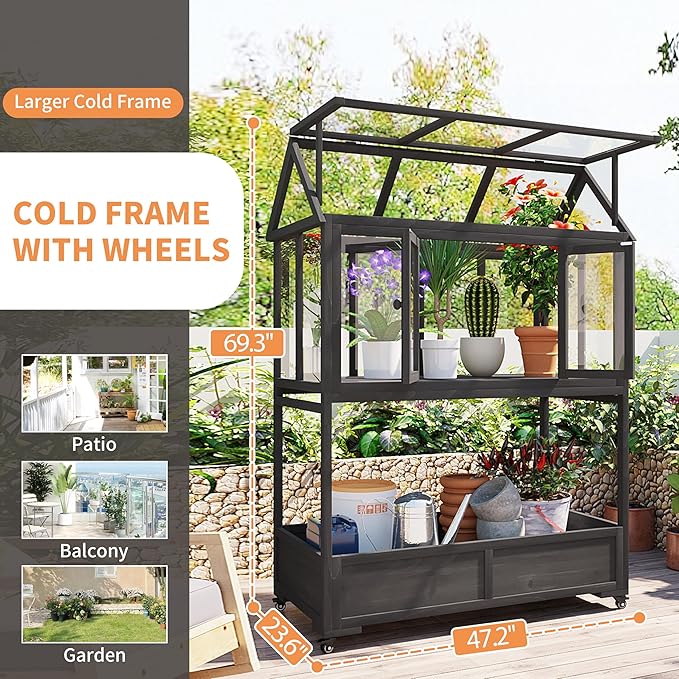 Greenhouse Cold Frames with Wheels - Adjustable Shelves Portable Cold Frame for Balcony/Patio, UV-Resistant Indoor Outdoor Plant Growing Cabinet (Large, Heavy-Duty) (Black)
