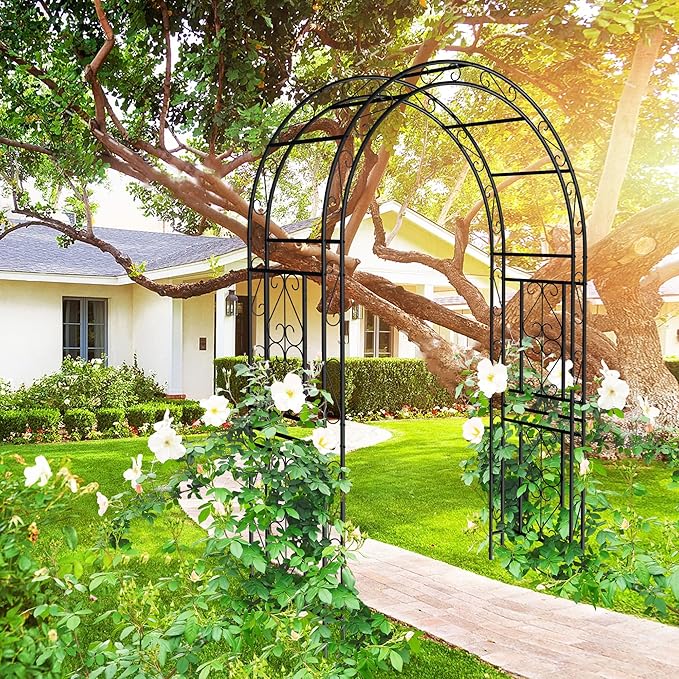 Metal Garden Arch 90" H Garden Arbor Trellis Climbing Plants Support Pattern Arch Outdoor Lawn Wedding Party Events Archway Black