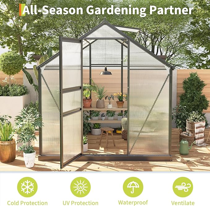 Greenhouses for Outdoors, Polycarbonate Greenhouse with Quick Setup Structure & Roof Vent, Heavy Duty Frame Walk-in Green Houses for Outside Garden Backyard