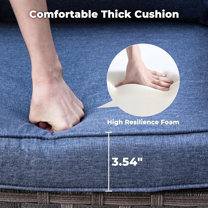 ovios 6 Pieces Patio Furniture Set, Outdoor Wicker Sectional Sofa with Glass Table Comfy Cushions, Modern Modular Deep Seat Couch Rattan Conversation Set, Denim Blue