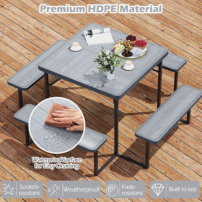 Tangkula 8 Person Picnic Table, HDPE Outdoor Square Table and Bench Set with 4 Built-in Benches, Umbrella Hole, Metal Frame for Garden Yard Patio Lawn