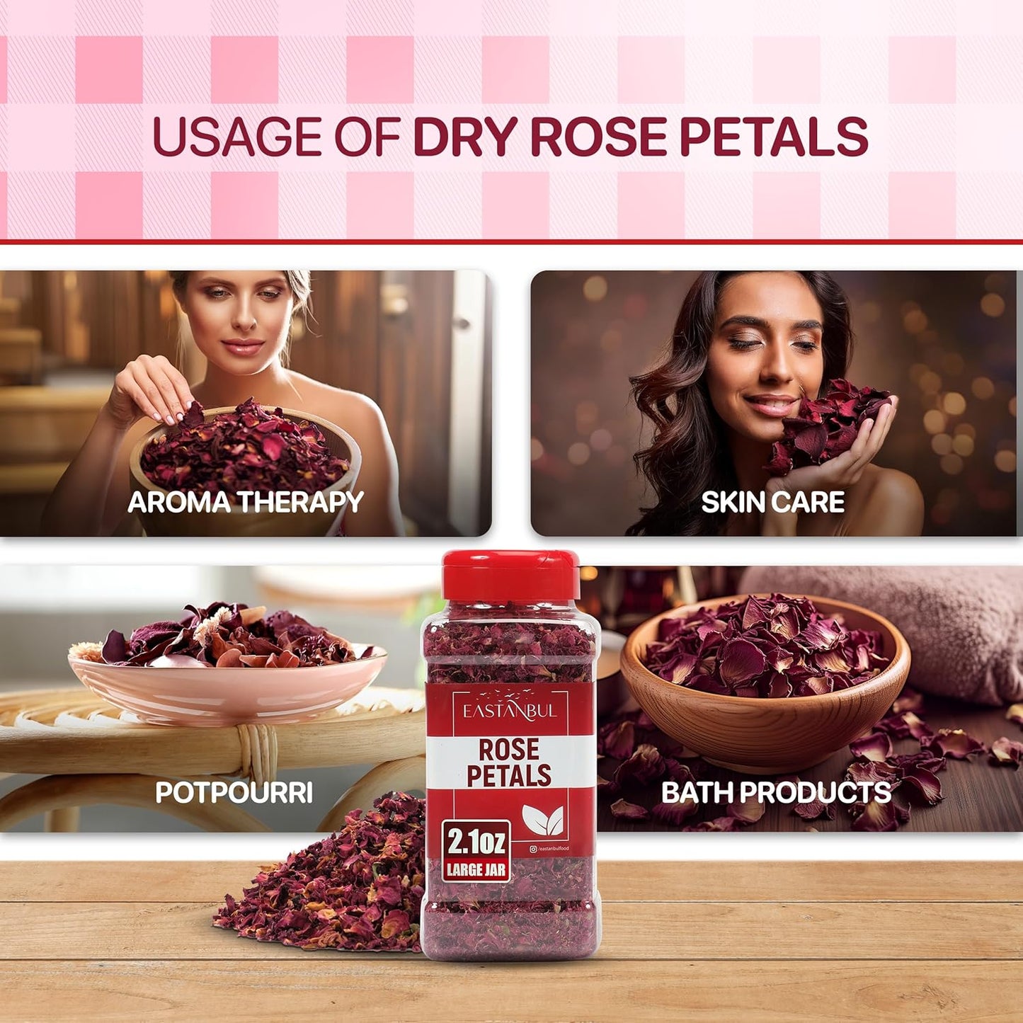 Eastanbul Dried Rose Petals, 2.1oz, Premium Edible Rose Petals, Dried Flower for Herbal Tea, Decoration, Sprinkles, Dessert Topping, From Mediterranean Flowers, Natural, Vegan, Gluten Free, Non GMO