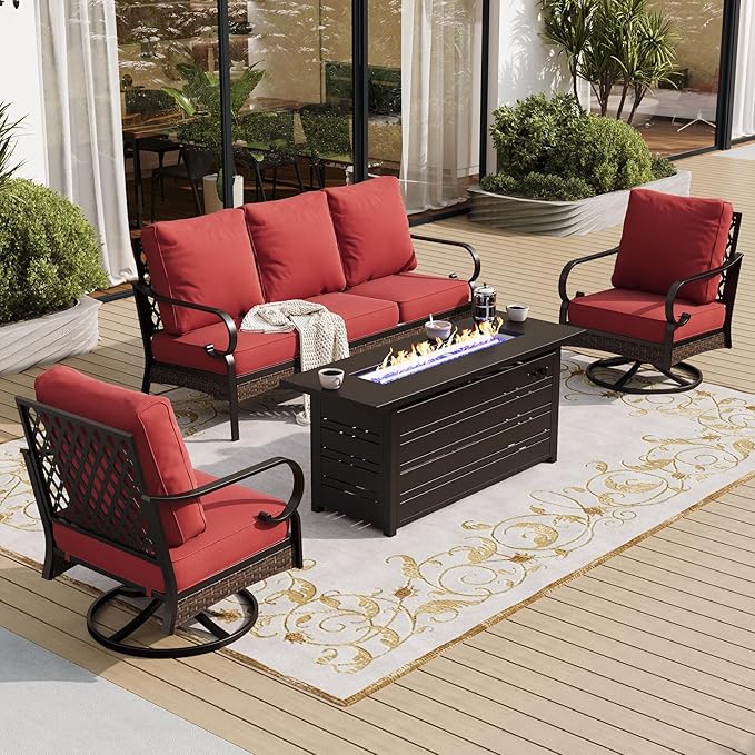 4 Piece Black Metal Outdoor Patio Furniture Sets with Firepit Table, Patio Conversation Sets 1 3-Seater Sofa, 2 Swivel Sofa with 5.75" Thick Cushion Backyard Furniture for Deck, Red