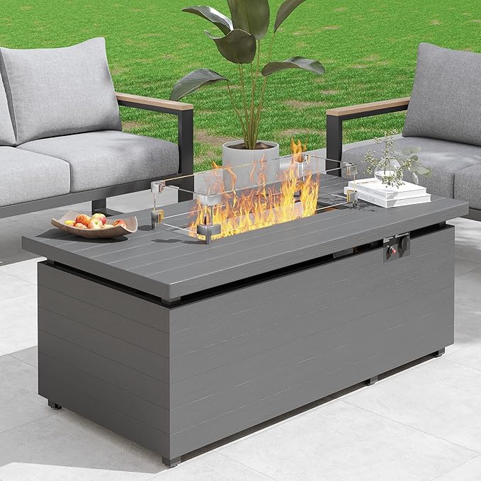 Sundale 50 Inch Outdoor Fire Pit Table, 50,000BTU Rectangle Propane Fire Pit with Glass Wind Guard, Rain Cover, Removable Lid, CSA Certified, Gray