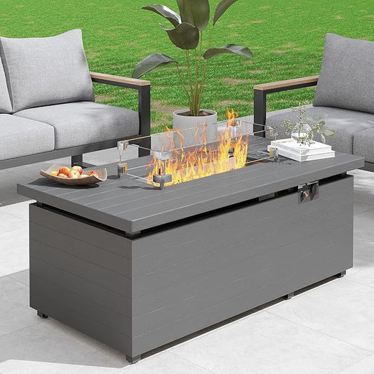 Sundale 50 Inch Outdoor Fire Pit Table, 50,000BTU Rectangle Propane Fire Pit with Glass Wind Guard, Rain Cover, Removable Lid, CSA Certified, Gray