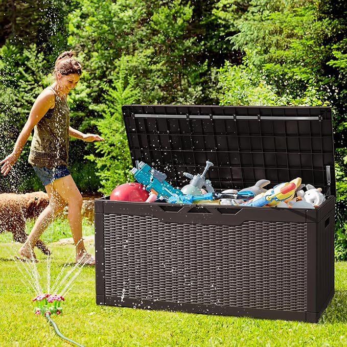 Greesum 100 Gallon Resin Deck Box Large Outdoor Storage with Cushions for Patio Furniture, Garden Tools, Pool Supplies, Weatherproof and UV Resistant, Lockable, Dark Brown