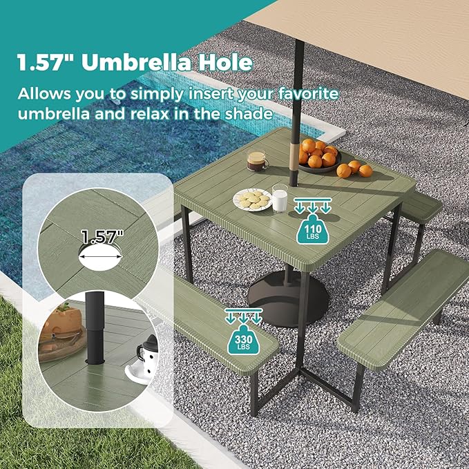 Giantex Picnic Table Bench Set for 4-8 People, 34" Outdoor Square Dining Table & 2 Benches w/Umbrella Hole, HDPE Tabletop, Metal Frame, Patio Camping Furniture for Backyard Porch Lawn (Green,Square)