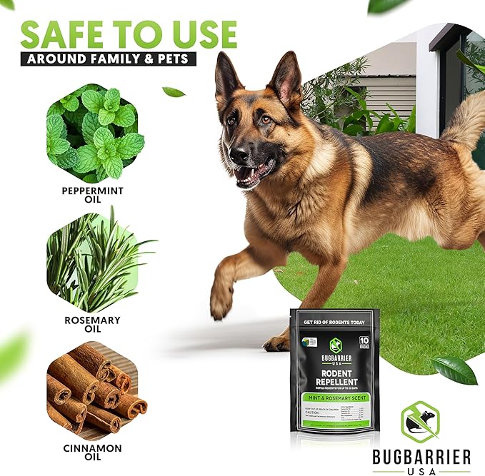 BugBarrier's Extra-Strength Mouse Repellent Deterrent Pouches, USDA 99% Biobased, Peppermint & Rosemary Oils Repel Mice Nesting in Car, RV, Boat, Garage, Shed, Cabin Made in The USA (Pack of 10)