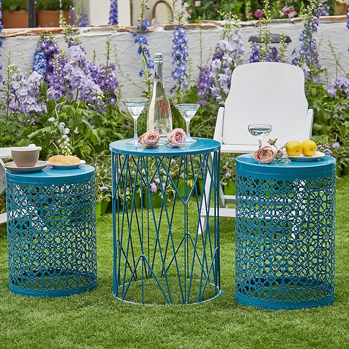 Y&M Set of 3 Heavy-Duty Round End Table, Side Table, Coffee Table for Indoor Multifunctional Use, Outdoor Decorative Garden Stool Plant Stand-Blue