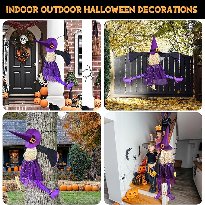 53" Purple Crashing Witch Halloween Decorations - Funny Flying Witch Prop for Yard, Porch, Tree, Patio, Door – Large Outdoor Halloween Witch Tree Decor for Garden, Fence, and Haunted House