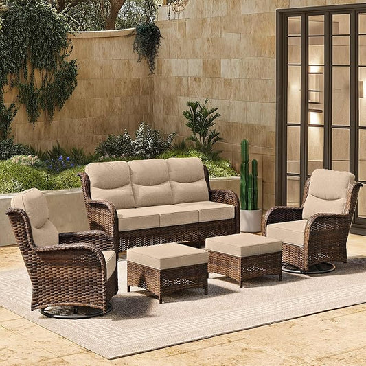 HILLGA Luxury High Back Patio Furniture Set with 6-Inch Thick Cushion, 5-Piece Outdoor Conversation Set with Sofa, Swivel Rocker Chairs & Ottomans, Ideal for Porch Pool Deck Yard (Beige)