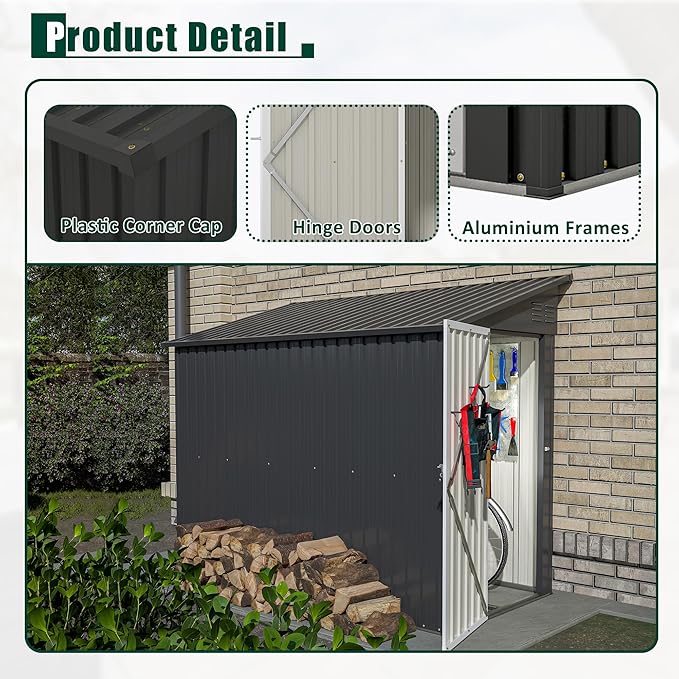 4×8 FT Outdoor Metal Storage Shed,Heavy-Duty Lean to Storage Shed with Floor Base,Garden Tool Metal Storage House W/Lockable Door and 2 Air Vents,Weather Resistant,for Backyard,Patio,Lawn,Black