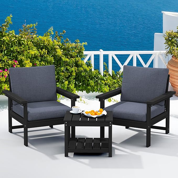 SERWALL HDPE Patio Sofa Set, 3-Piece Sectional Outdoor Furniture Set, All Weather Outdoor Couch Set Patio Furniture Set for Deck, Lawn, Black Frame with Grey Cushion