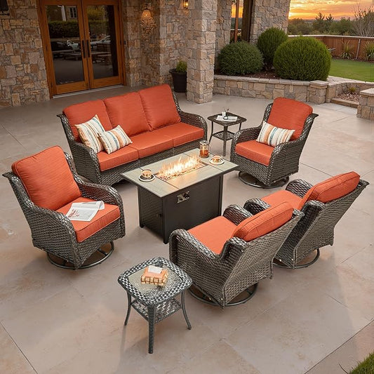 ovios 8 Pieces Patio Furniture Set, Outdoor Wicker Sofa Couch with Swivel Chairs 42" Fire Pit Table, All Weather High Back Modern Conversation Sets, Brown Rattan, Orange Red