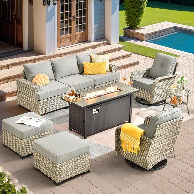 HOOOWOOO Outdoor Sectional Patio Furniture Set with Fire Pit Table,9 Pieces Wicker Conversation Sets,Extra Deep Out Door Sofa Outside Furniture Couch Swivel Chairs Ottoman,Charcoal Gray