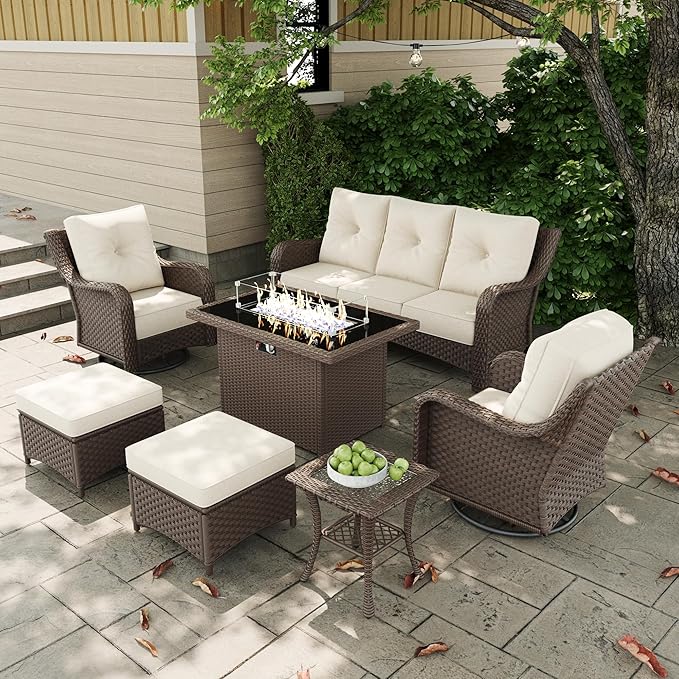 7 Pieces Outdoor Patio Furniture Sets with Rocking Swivel Chairs with 6-inch Thick Cushion and Fire Pit Table for Deck Lawn