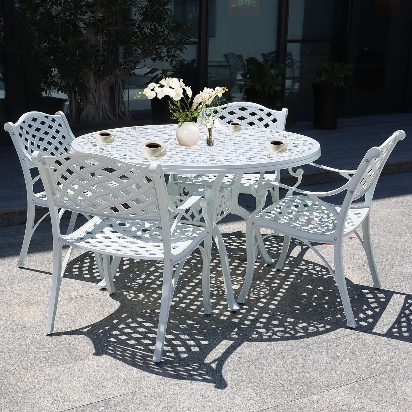 48" Round Patio Table for 6-8 Person Cast Aluminum Bistro Table with 2.36" Umbrella Hole,Metal Outdoor Dining Tables,Wrought Iron Patio Bistro Table,White Patio Table.