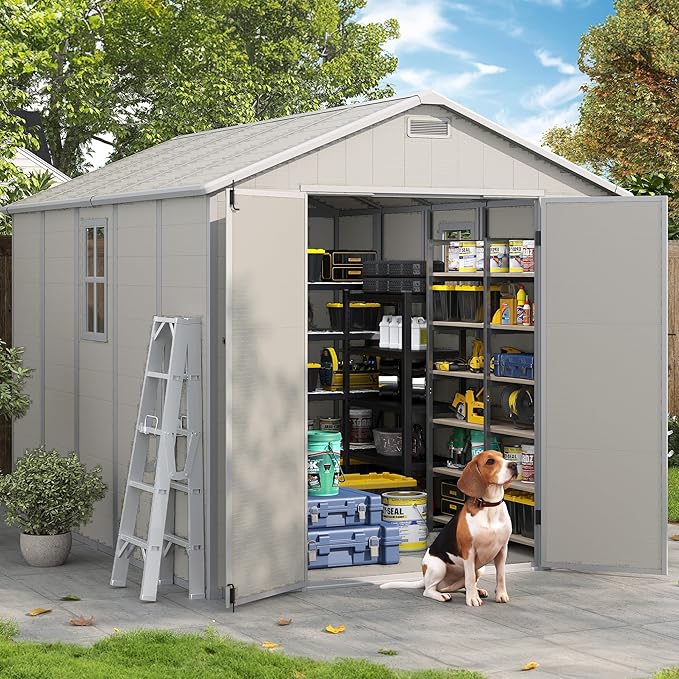 Outdoor Storage Shed, 8x10 FT Resin Shed with Floor and Lockable Door, Window & Vents, Tool Sheds and Outdoor Storage for Bike, Tools, Garden Accessories, Waterproof Sandstone