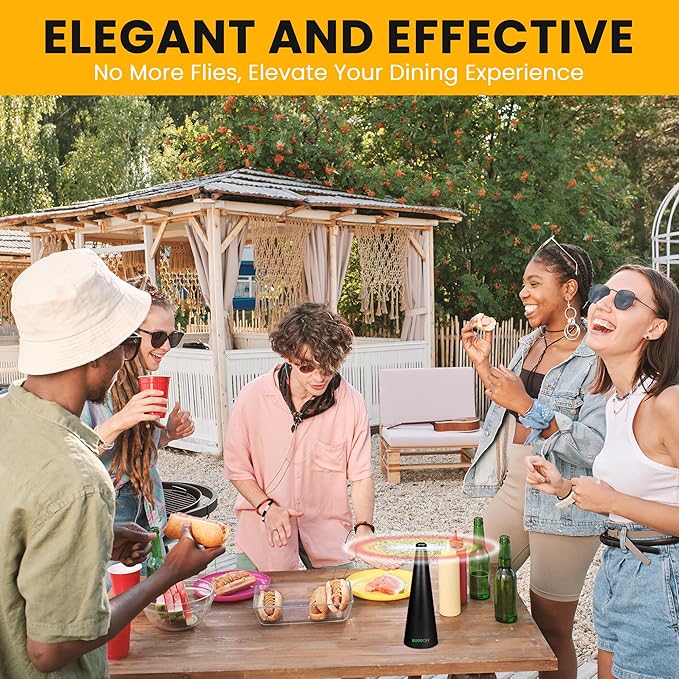 BUGGOFF White Fly & Flying Insect Repellent Fan with Twin Blades, Table top & Hangable, Battery Powered or 5V Plug in, Batteries NOT Included. Safe Blades with Auto Stop. (1 Pack)